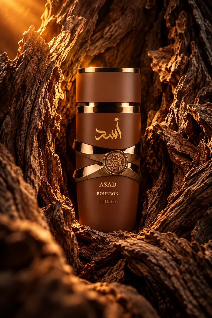 Asad Bourbon de Lattafa entre madera natural, con iluminación dorada